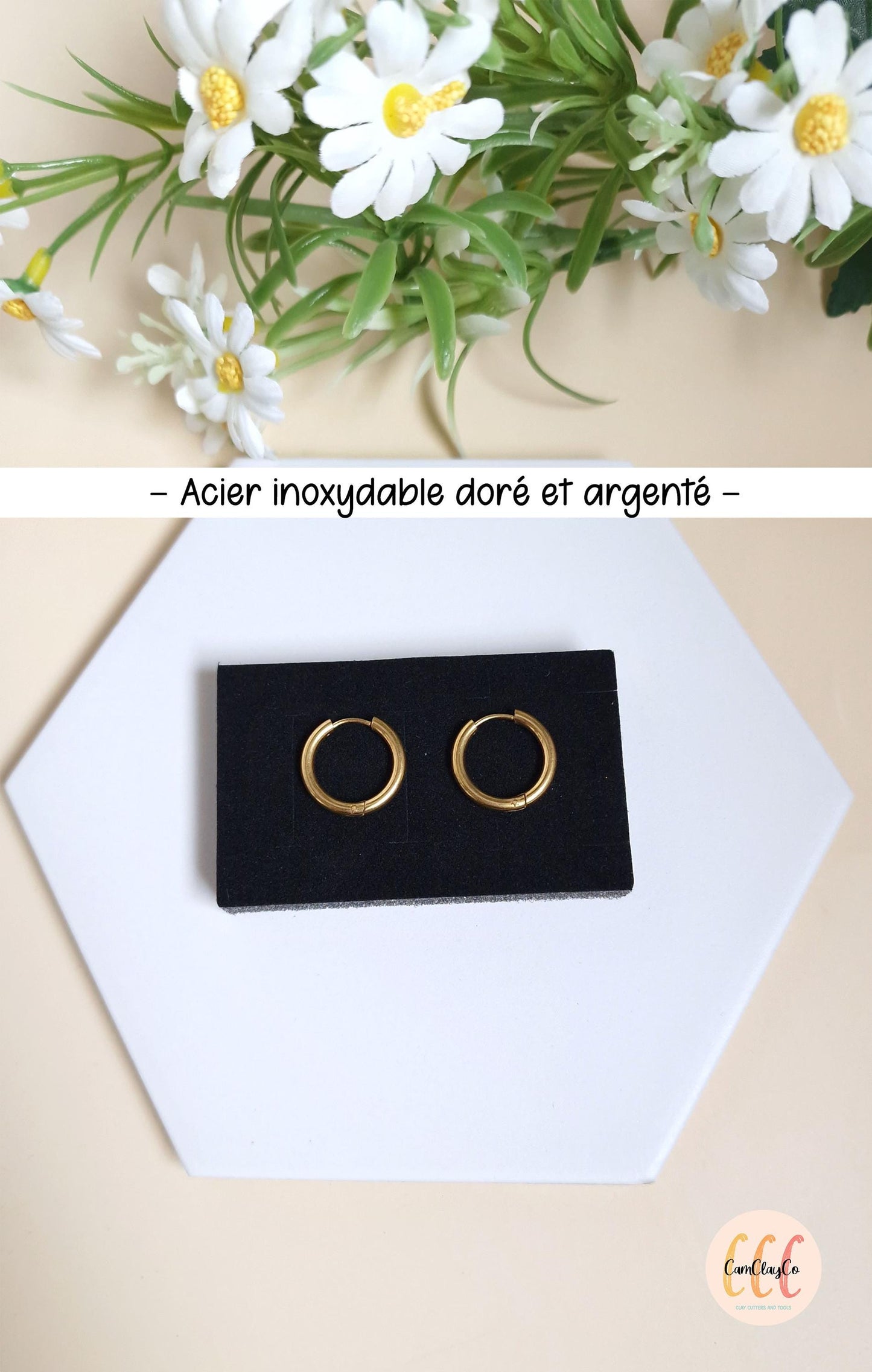 Boucles d'oreilles créoles diamètre 19 mm épaisseur 2,5 mm en acier inoxydable, doré et argenté - 2 pièces