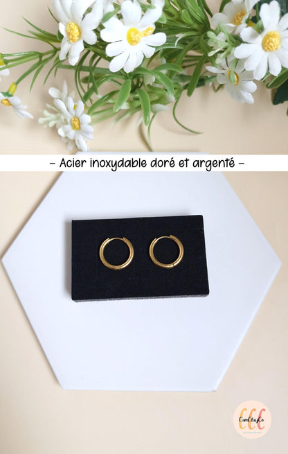 Boucles d'oreilles créoles diamètre 19 mm épaisseur 2,5 mm en acier inoxydable, doré et argenté - 2 pièces