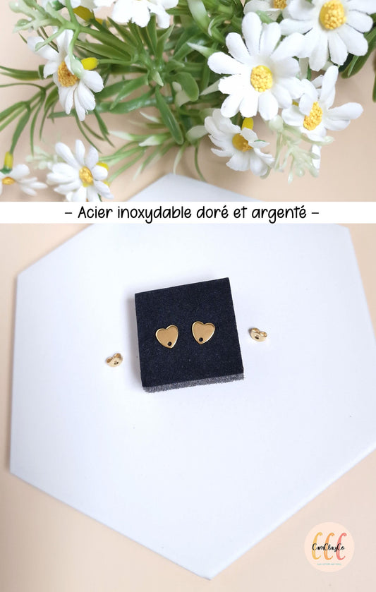 Boucles d'oreilles cœurs en acier inoxydable pour la fabrication de bijoux, doré et argenté - 2 pièces