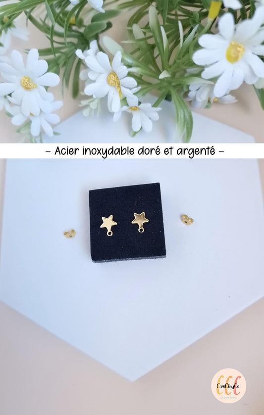 Boucles d'oreilles étoiles en acier inoxydable pour la fabrication de bijoux, doré et argenté - 2 pièces