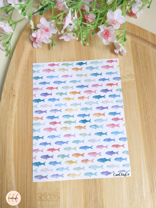 Feuille de transfert soluble à l'eau pour la fabrication de bijoux en argile polymère - Poissons colorés 01