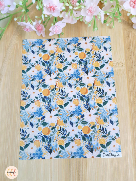 Feuille de transfert soluble à l'eau pour la fabrication de bijoux en argile polymère - Oranges feuilles bleues