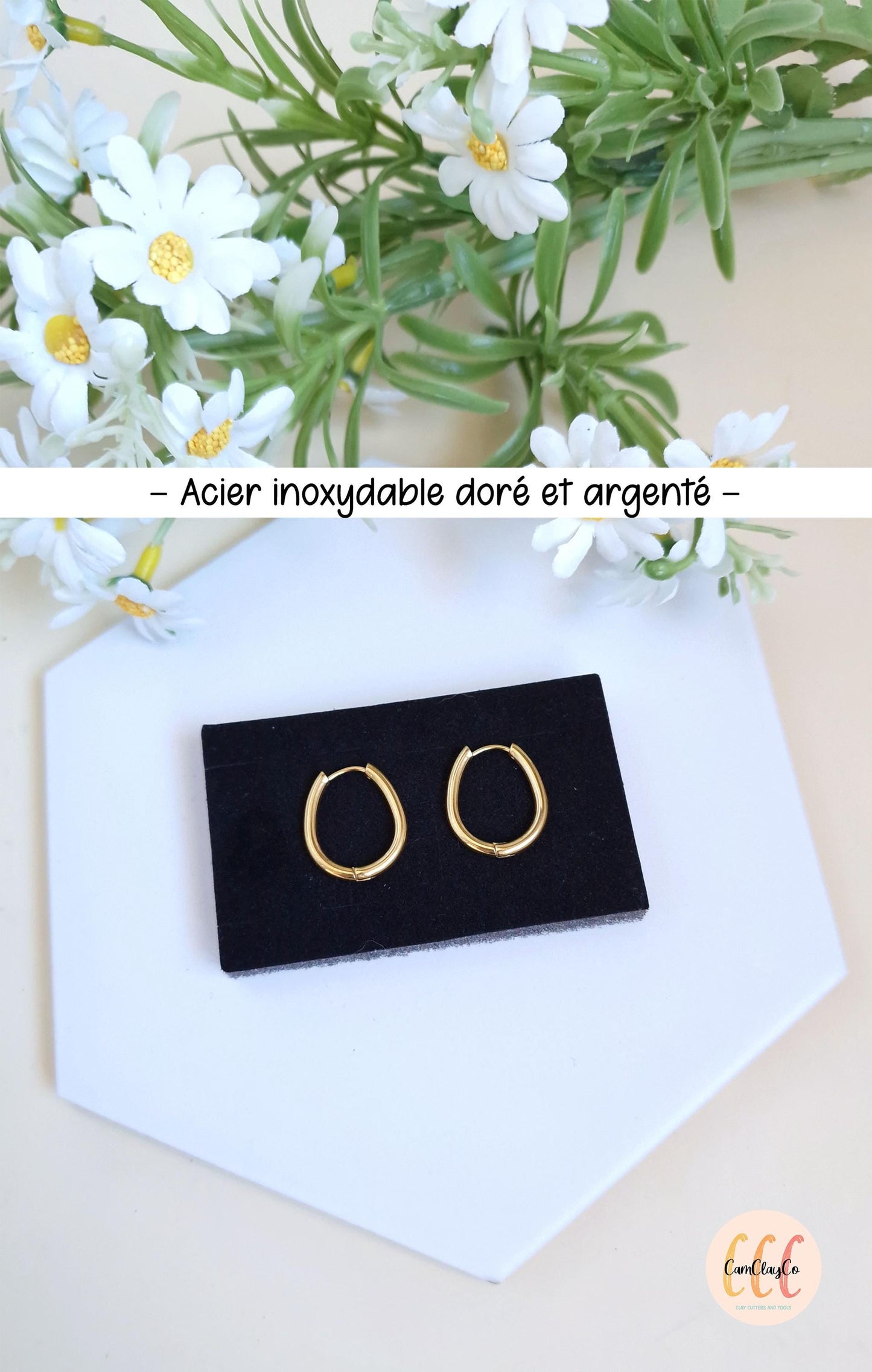 Boucles d'oreilles créoles ovales œufs en acier inoxydable pour la fabrication de bijoux, doré et argenté - 2 pièces