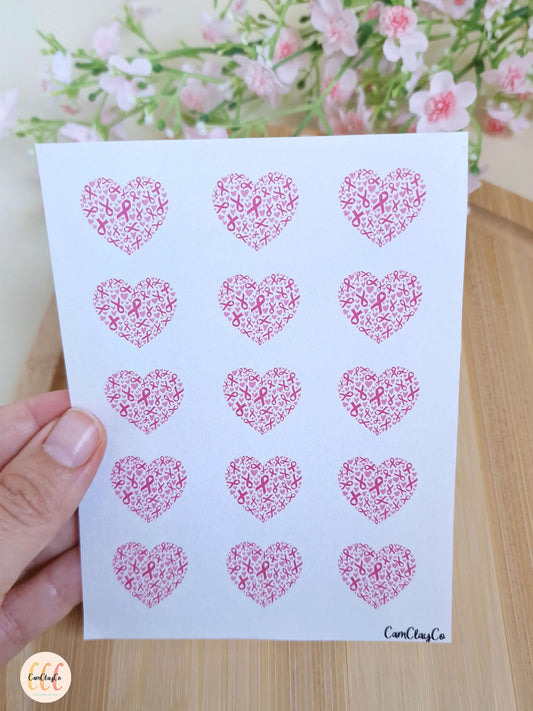 Feuille de transfert soluble à l'eau pour la fabrication de bijoux en argile polymère - Cœurs octobre rose 20 mm