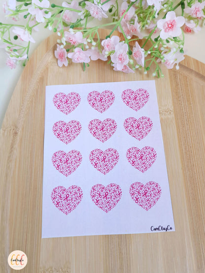 Feuille de transfert soluble à l'eau pour la fabrication de bijoux en argile polymère - Cœurs octobre rose 25 mm