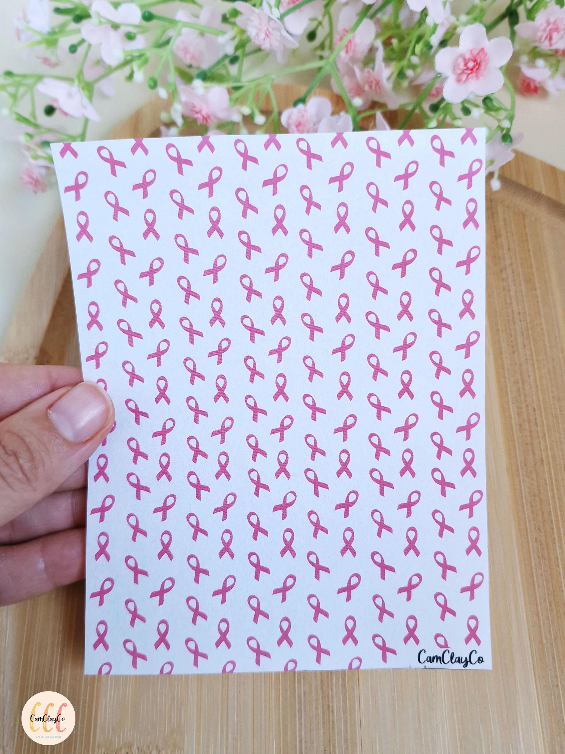 Feuille de transfert soluble à l'eau pour la fabrication de bijoux en argile polymère - Octobre rose 02