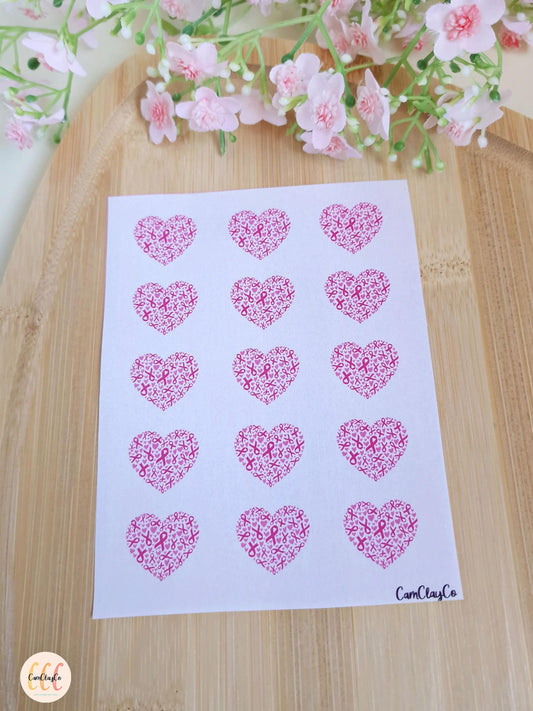 Feuille de transfert soluble à l'eau pour la fabrication de bijoux en argile polymère - Cœurs octobre rose 20 mm