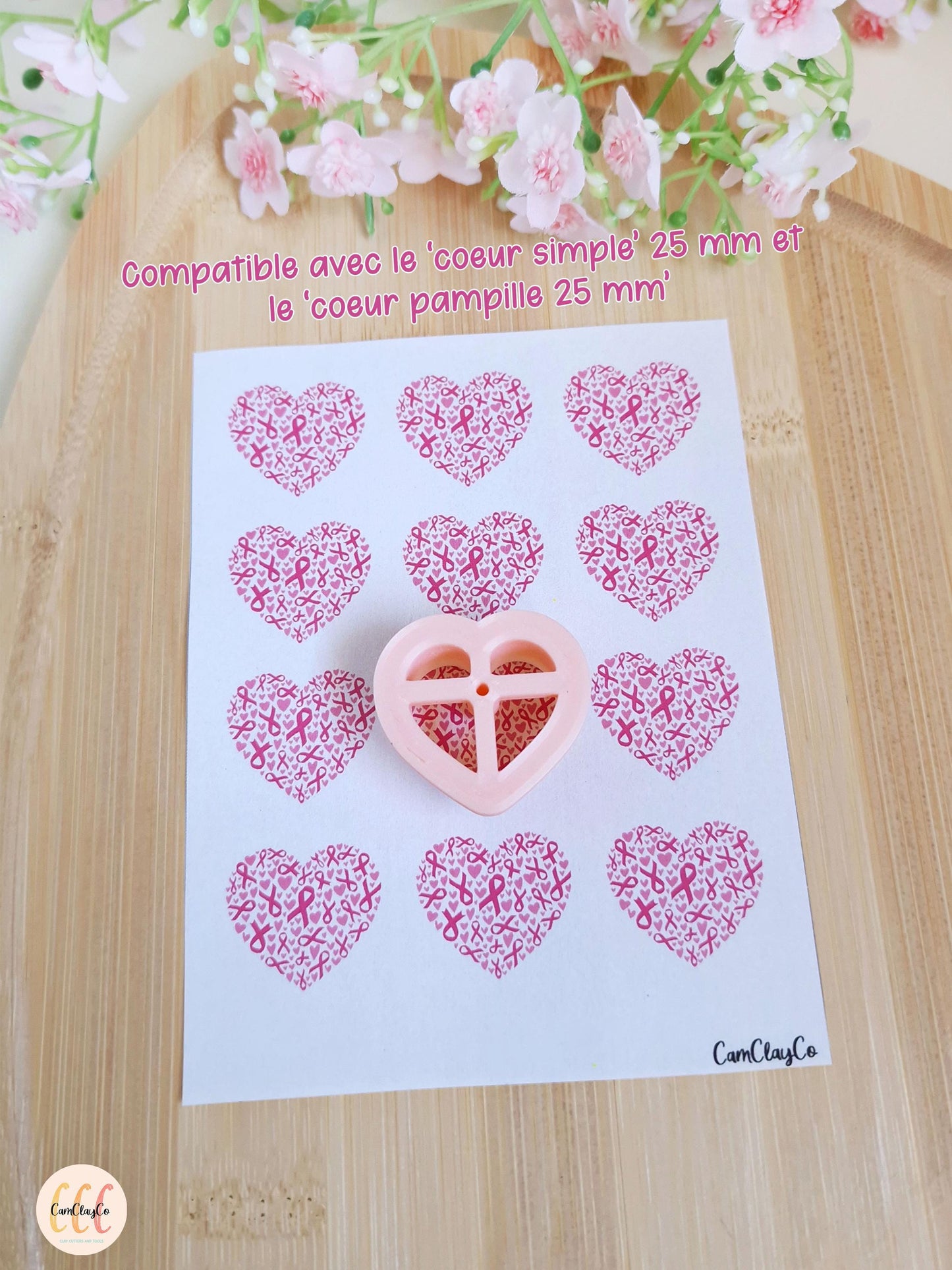 Feuille de transfert soluble à l'eau pour la fabrication de bijoux en argile polymère - Cœurs octobre rose 25 mm
