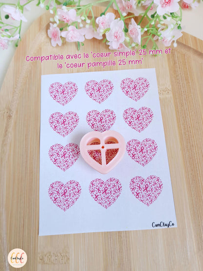 Feuille de transfert soluble à l'eau pour la fabrication de bijoux en argile polymère - Cœurs octobre rose 25 mm