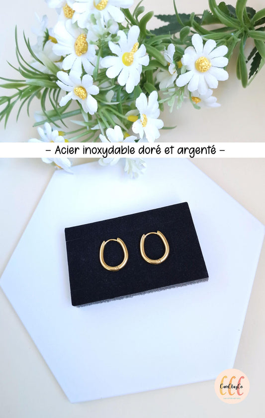 Boucles d'oreilles créoles ovales petits œufs en acier inoxydable pour la fabrication de bijoux, doré et argenté - 2 pièces