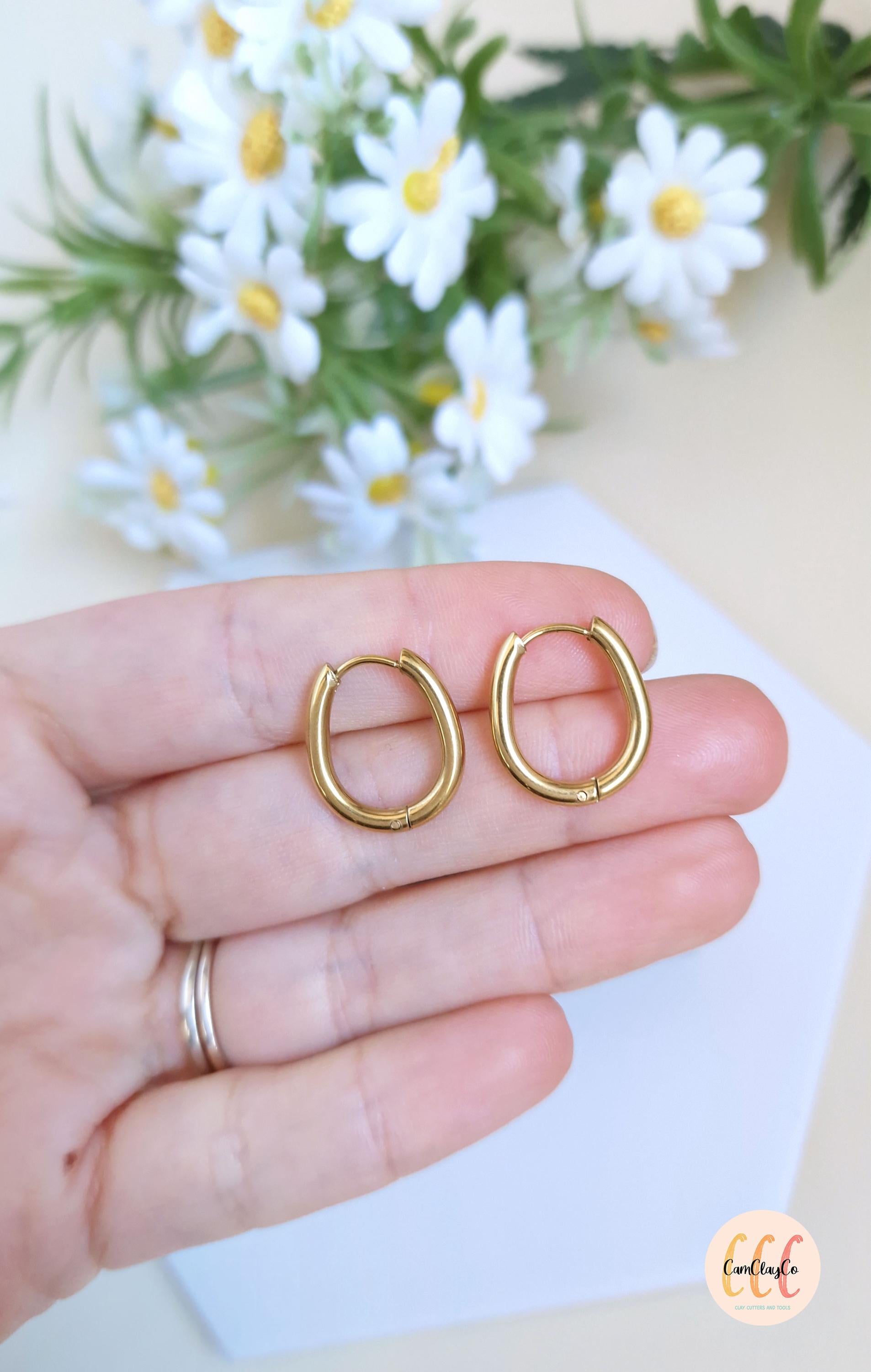 Boucles d'oreilles créoles ovales petits œufs en acier inoxydable pour la fabrication de bijoux, doré et argenté - 2 pièces