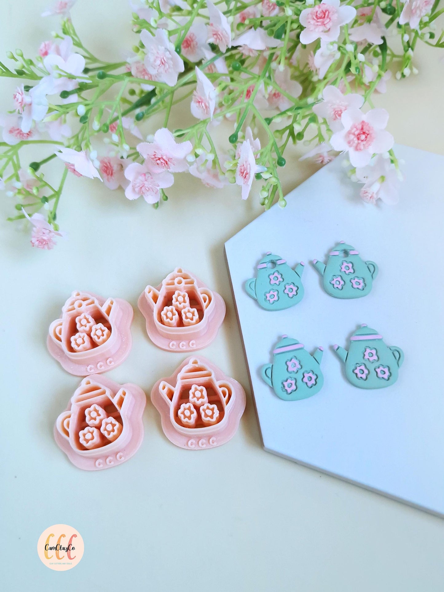 Emporte-pièces 3D théières avec fleurs pour la fabrication de bijoux en argile polymère, créoles interchangeables, pampilles