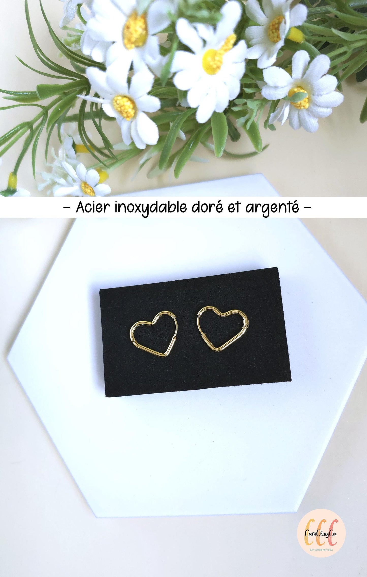 Boucles d'oreilles créoles cœurs en acier inoxydable pour la fabrication de bijoux, doré et argenté - 2 pièces