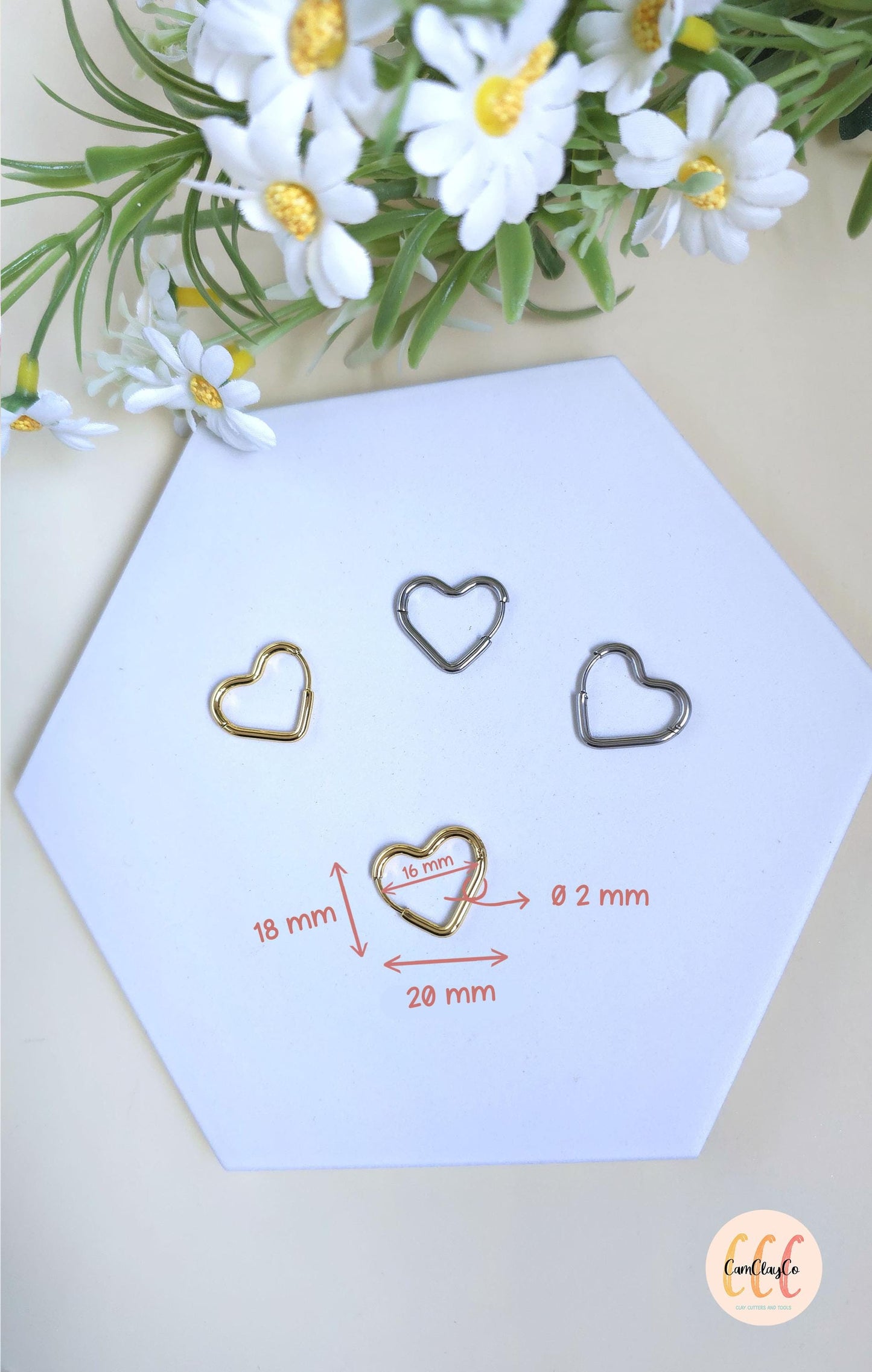 Boucles d'oreilles créoles cœurs en acier inoxydable pour la fabrication de bijoux, doré et argenté - 2 pièces