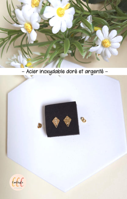 Boucles d'oreilles forme diamants texturés en acier inoxydable pour la fabrication de bijoux, doré et argenté - 2 pièces
