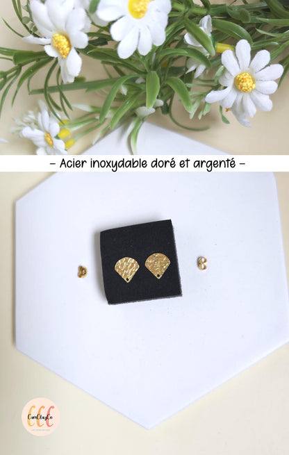 Boucles d'oreilles forme éventails texturés en acier inoxydable pour la fabrication de bijoux, doré et argenté - 2 pièces