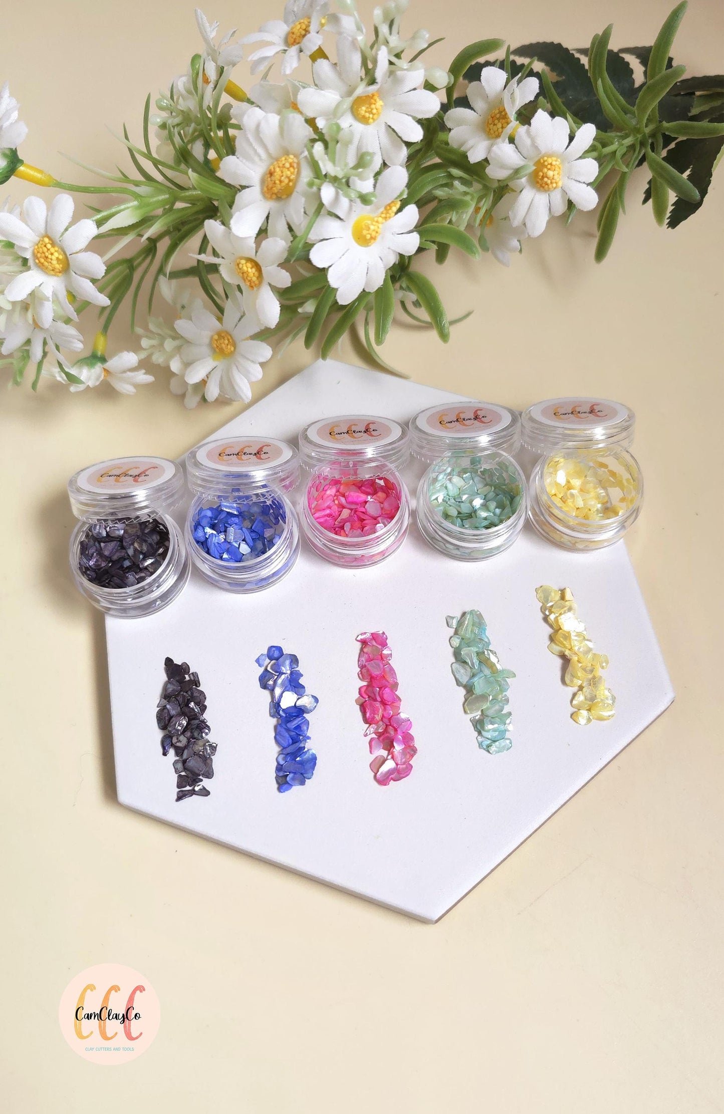 Éclats de coquillage, différentes couleurs, pour la création de bijoux en argile polymère
