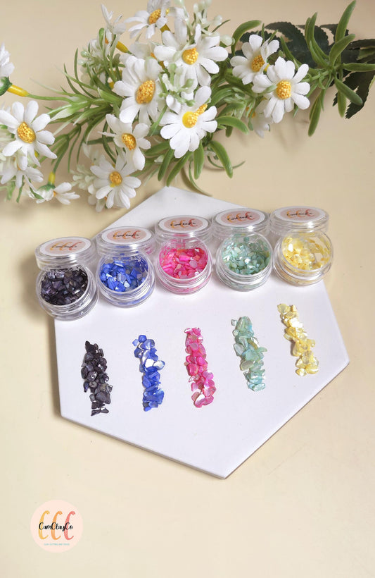 Éclats de coquillage, différentes couleurs, pour la création de bijoux en argile polymère