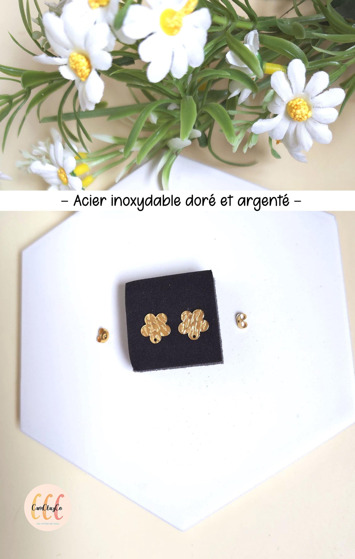 Boucles d'oreilles fleurs texturées en acier inoxydable pour la fabrication de bijoux, doré et argenté - 2 pièces