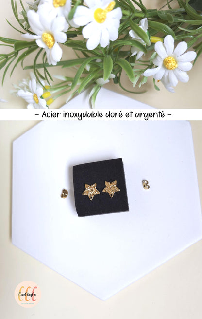 Boucles d'oreilles étoiles texturées en acier inoxydable pour la fabrication de bijoux, doré et argenté - 2 pièces