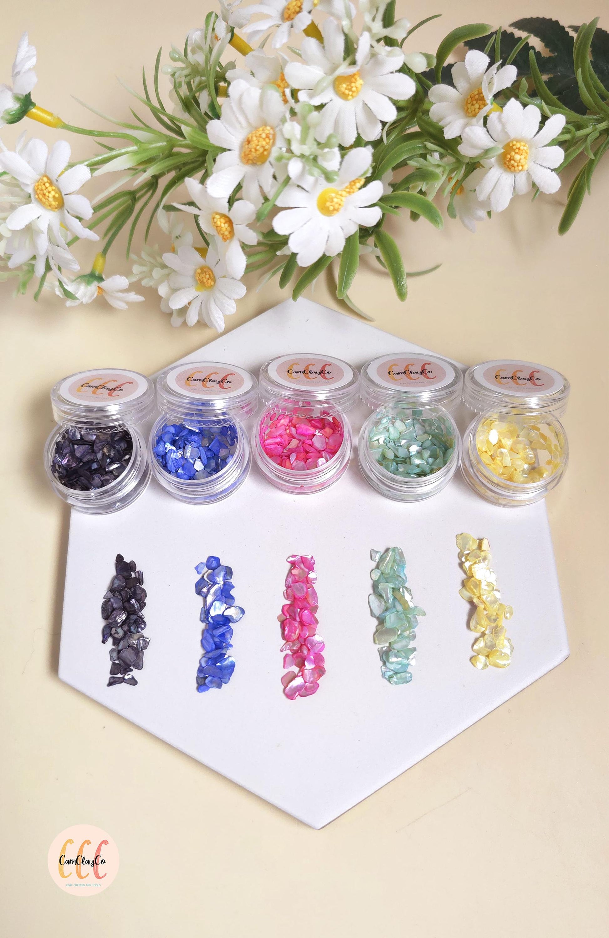 Éclats de coquillage, différentes couleurs, pour la création de bijoux en argile polymère
