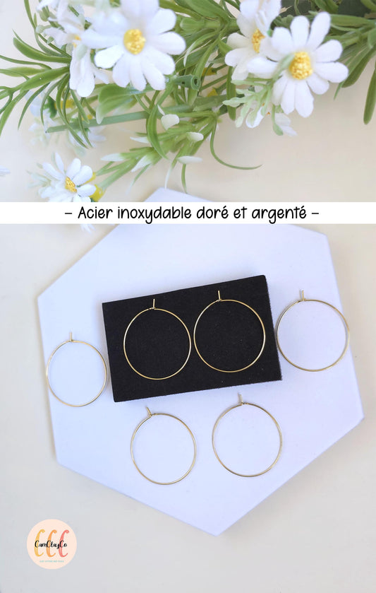 Boucles d'oreilles créoles fines 30 mm en acier inoxydable pour la fabrication de bijoux, doré et argenté - 6 pièces