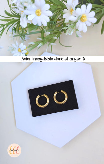 Boucles d'oreilles créoles épaisses diamètre 22 mm épaisseur 4 mm acier inoxydable pour la fabrication de bijoux, doré et argenté - 2 pièces