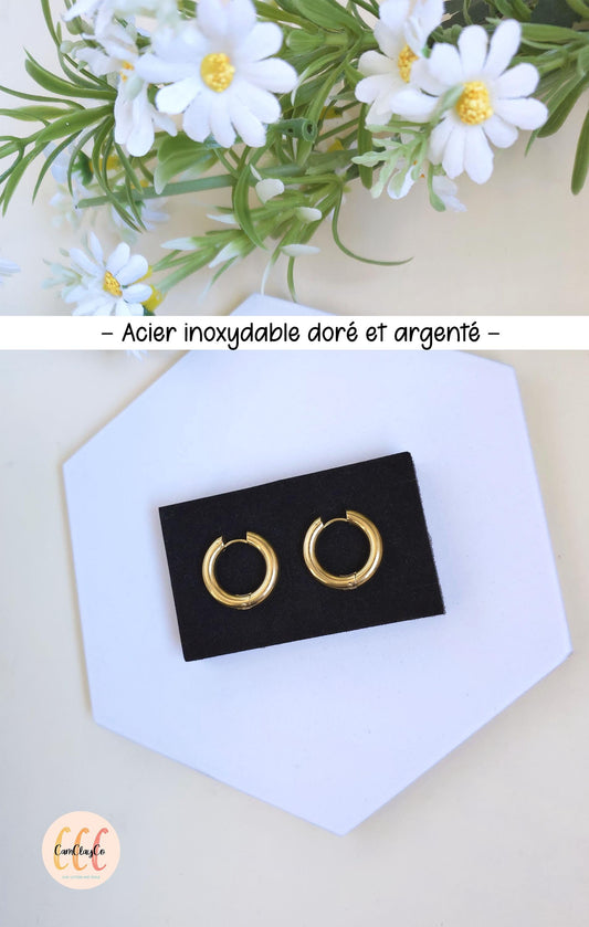 Boucles d'oreilles créoles épaisses diamètre 22 mm épaisseur 4 mm acier inoxydable pour la fabrication de bijoux, doré et argenté - 2 pièces