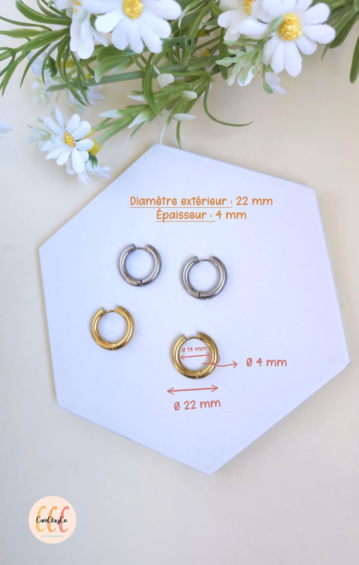 Boucles d'oreilles créoles épaisses diamètre 22 mm épaisseur 4 mm acier inoxydable pour la fabrication de bijoux, doré et argenté - 2 pièces