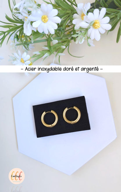 Boucles d'oreilles créoles épaisses diamètre 24 mm épaisseur 4 mm acier inoxydable pour la fabrication de bijoux, doré et argenté - 2 pièces