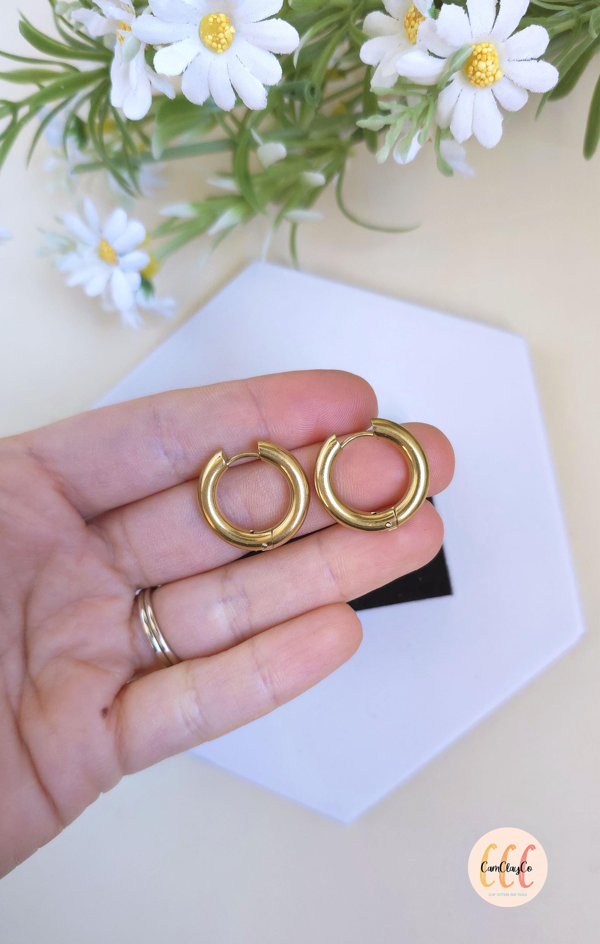 Boucles d'oreilles créoles épaisses diamètre 22 mm épaisseur 4 mm acier inoxydable pour la fabrication de bijoux, doré et argenté - 2 pièces