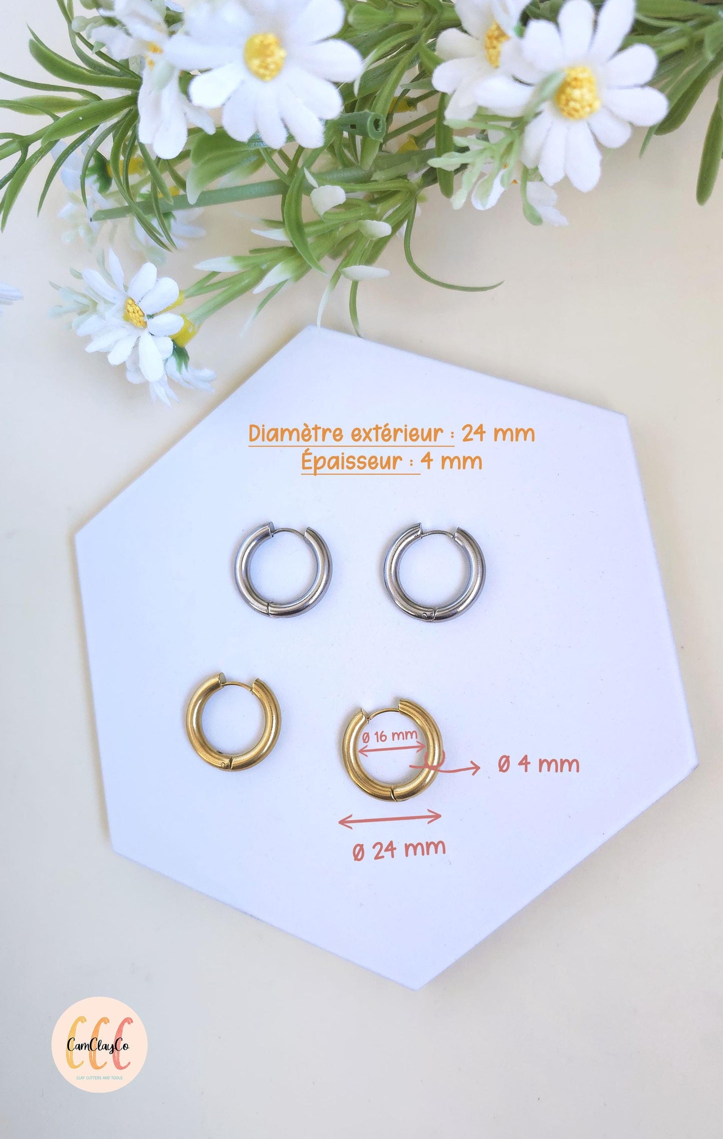 Boucles d'oreilles créoles épaisses diamètre 24 mm épaisseur 4 mm acier inoxydable pour la fabrication de bijoux, doré et argenté - 2 pièces