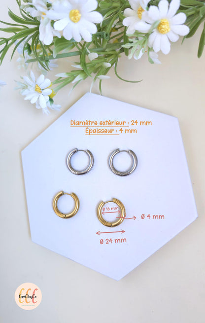 Boucles d'oreilles créoles épaisses diamètre 24 mm épaisseur 4 mm acier inoxydable pour la fabrication de bijoux, doré et argenté - 2 pièces