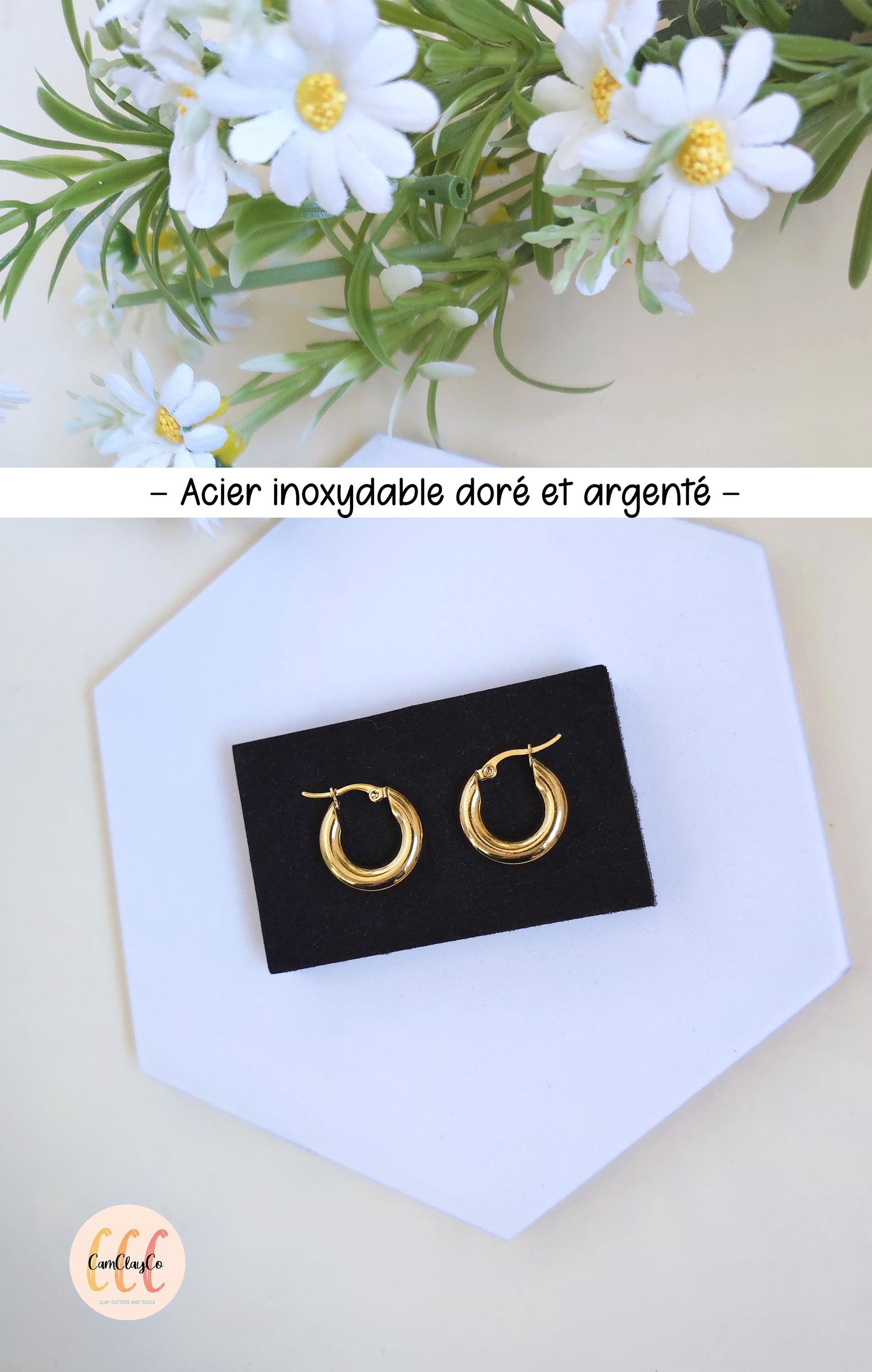 Boucles d'oreilles créoles épaisses diamètre 20 mm épaisseur 5 mm acier inoxydable pour la fabrication de bijoux, doré et argenté - 2 pièces