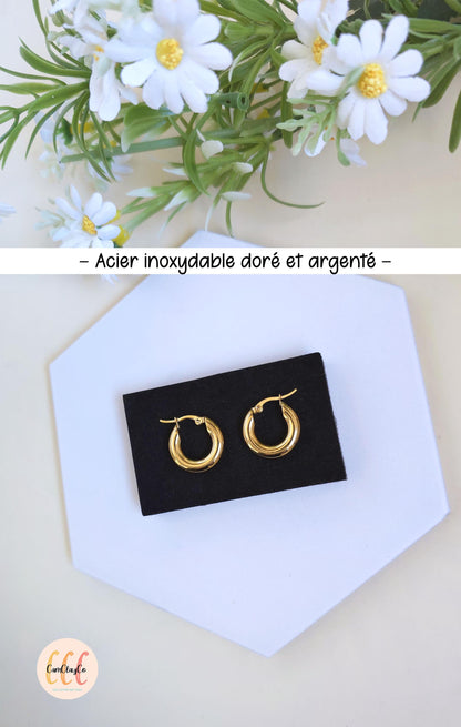 Boucles d'oreilles créoles épaisses diamètre 20 mm épaisseur 5 mm acier inoxydable pour la fabrication de bijoux, doré et argenté - 2 pièces