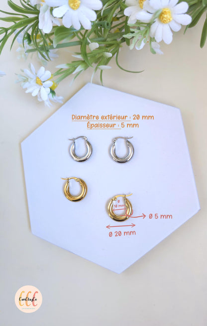 Boucles d'oreilles créoles épaisses diamètre 20 mm épaisseur 5 mm acier inoxydable pour la fabrication de bijoux, doré et argenté - 2 pièces
