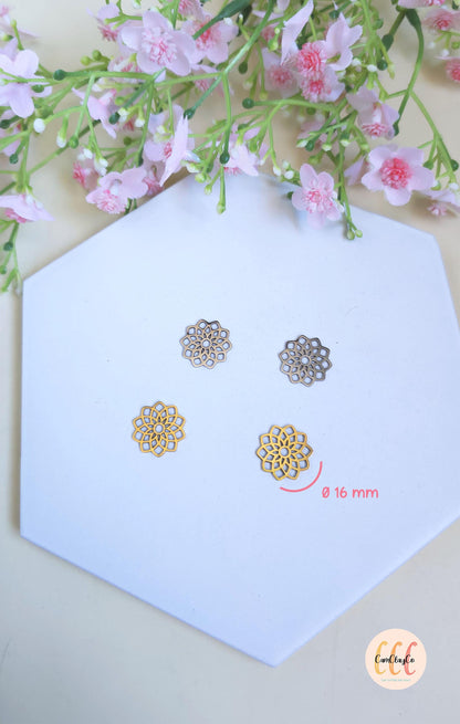 Breloques cadres fleurs géométriques 16 mm en acier inoxydable pour la fabrication de bijoux, doré et argenté - 2 pièces