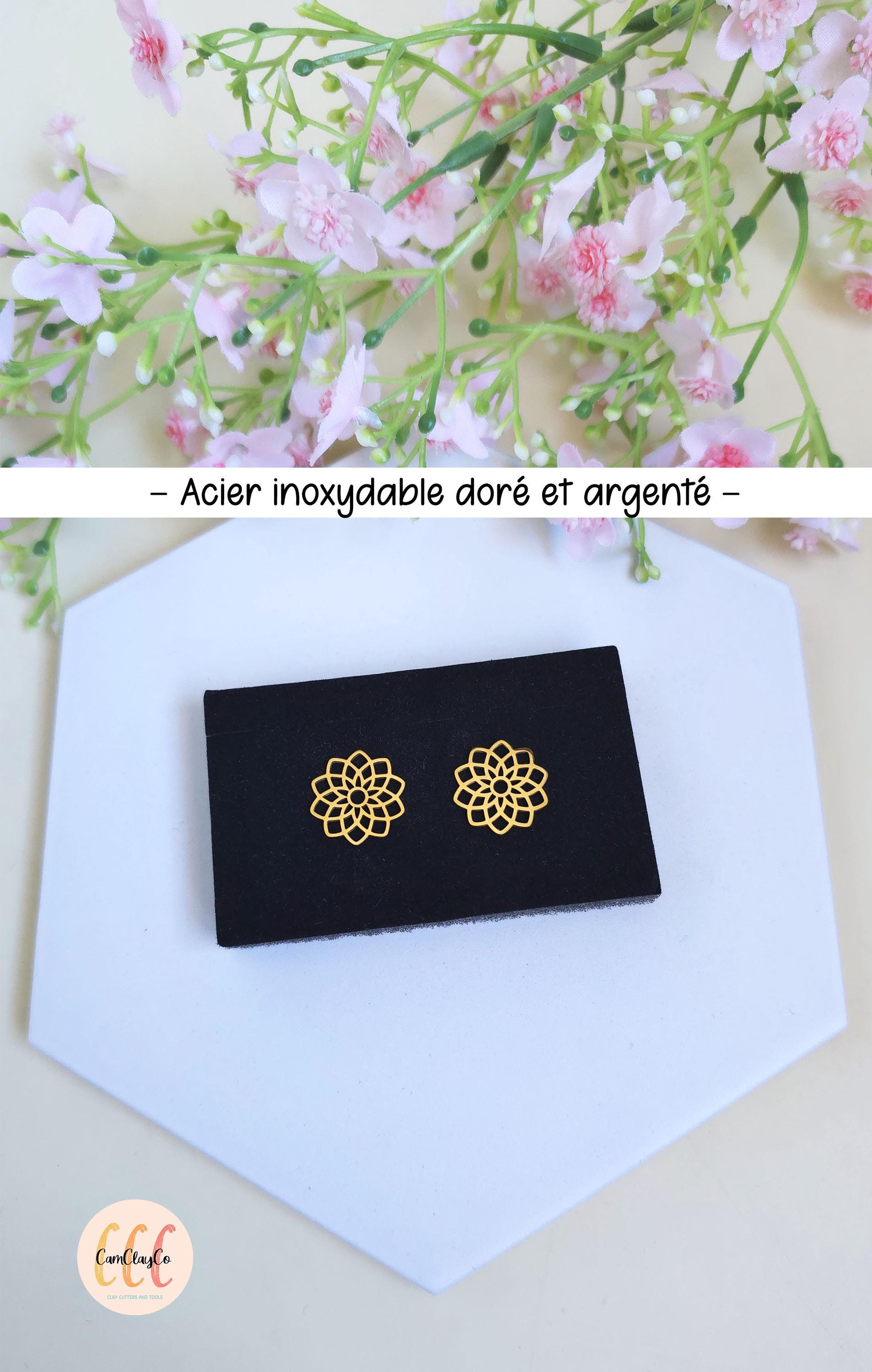Breloques cadres fleurs géométriques 16 mm en acier inoxydable pour la fabrication de bijoux, doré et argenté - 2 pièces